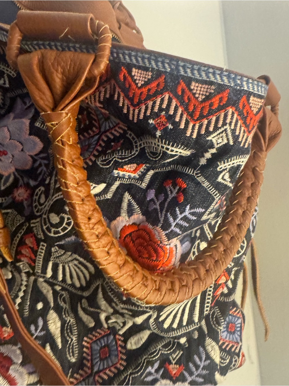 Johnny Was Navy Denim Embroidered Floral Weekender Bag with Brown Trim - Picture 5 of 13